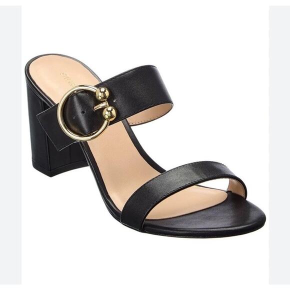 STUART WEITZMAN BELINDA BLOCK LEATHER STRAP SLIDE SANDAL MULE BLACK SIZE 7.5 - Picture 2 of 12